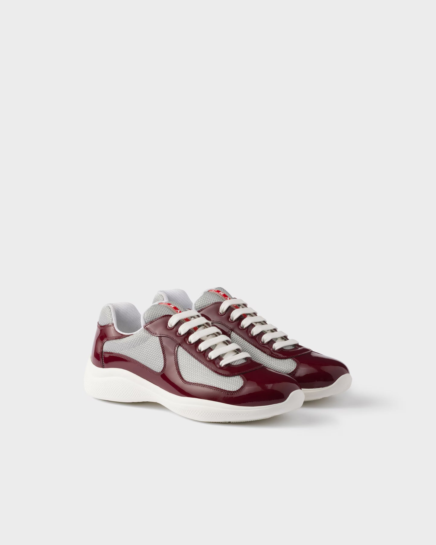 Patent leather and technical fabric Prada America's Cup sneakers Burgandy/ Silver