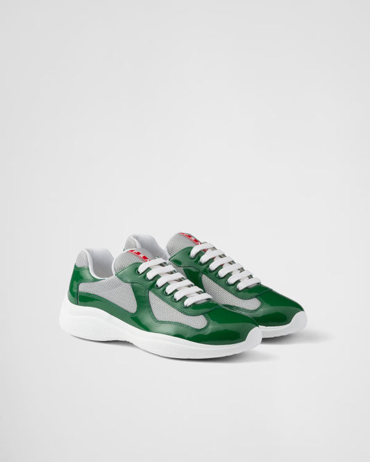 Patent leather and technical fabric Prada America's Cup sneakers Green/ Silver